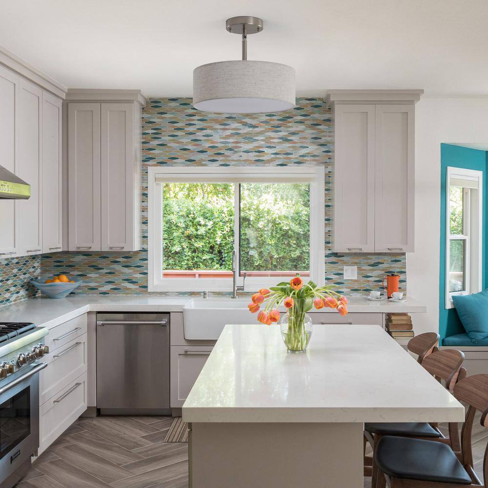 12.6 in. 3-Light Nickel Drum Linen Blend Semi Flush Mount Ceiling Light with White Fabric Shade and No Bulbs Included - Hercitys