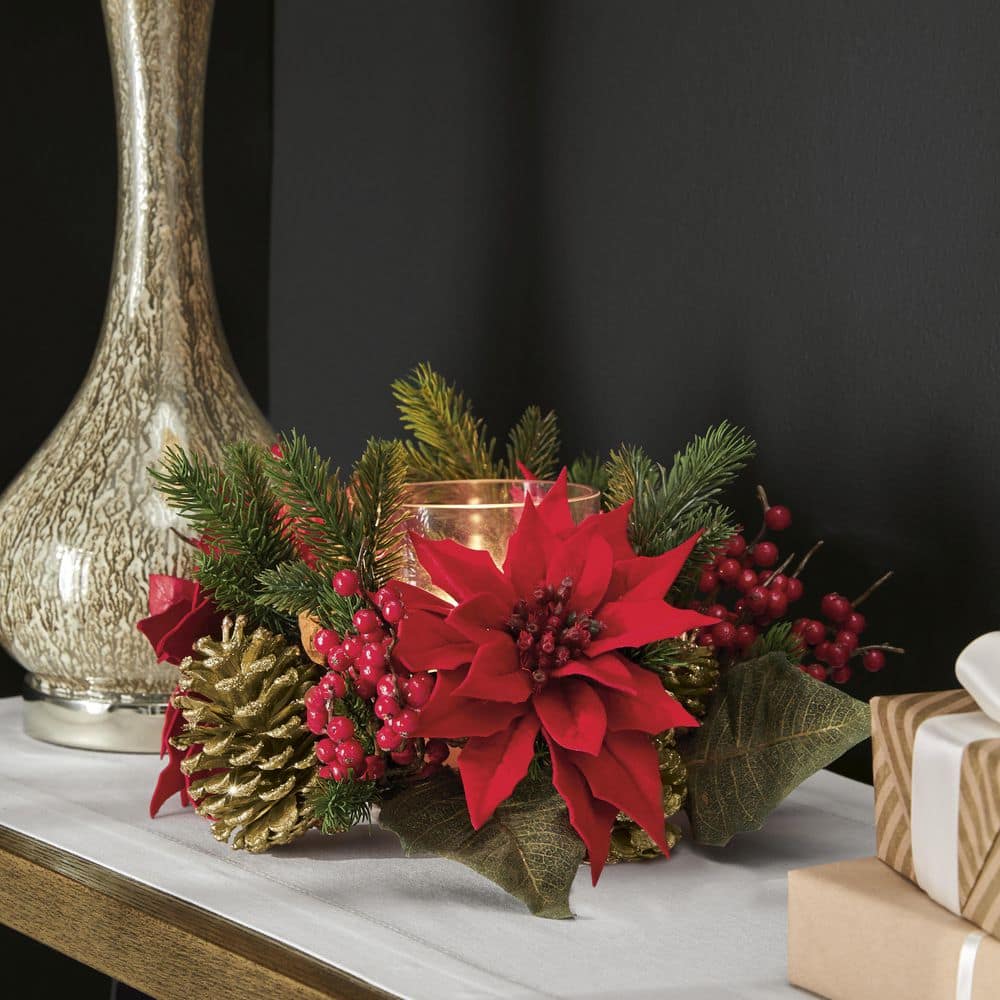 16 in. Unlit Holiday Christmas Berries, Pinecones and Greenery with Lantern and LED Candle Artificial Table Arrangement - Hercitys