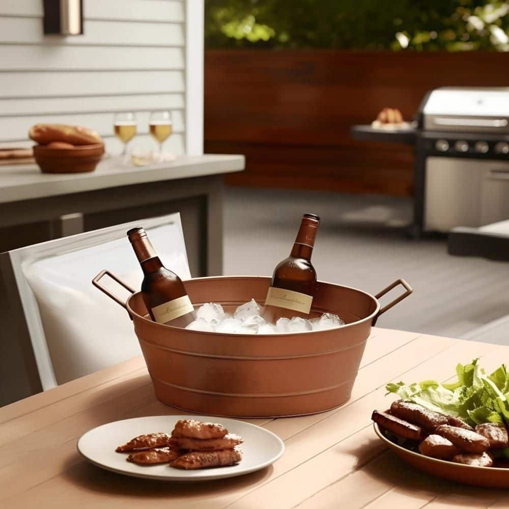 1.7 Gal. Copper Steel Oval Shape Hammered Texture Metal Tub with 2 Side Handles - Hercitys