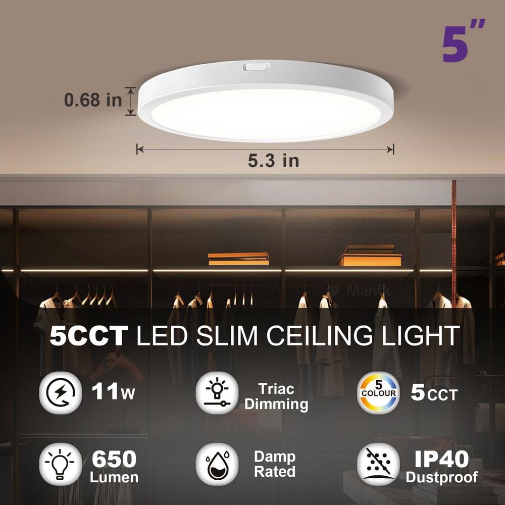 5 in. White New-Ultra-Low-Profile Edge lit Integrated LED 5CCT Selectable Flush Mount Light Surface Mount Light - Hercitys