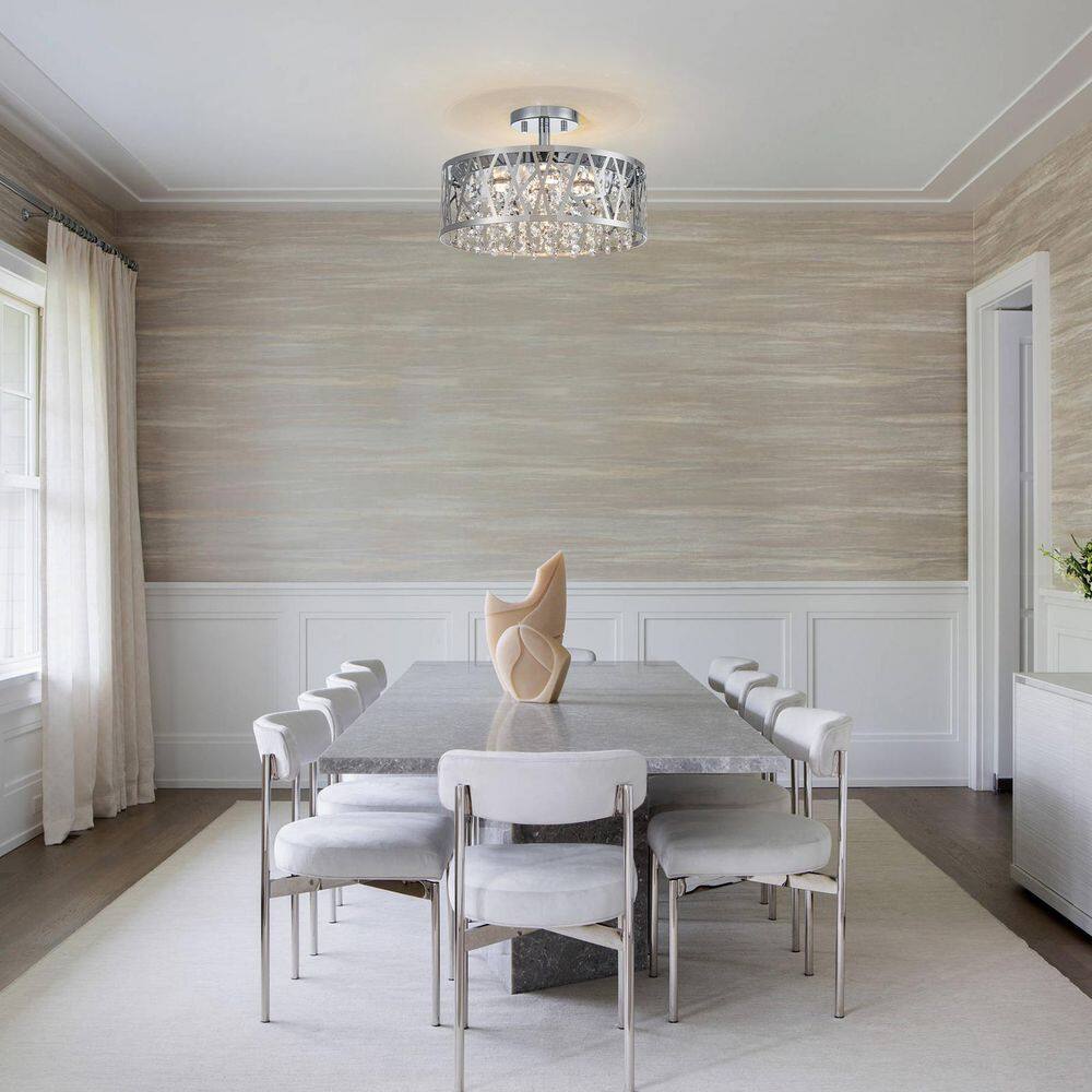 13.78 in. 1-Light Modern Chrome Round Dimmable LED Semi-Flush Mount Ceiling Light with Beaded Drum Crystal Shade - Hercitys