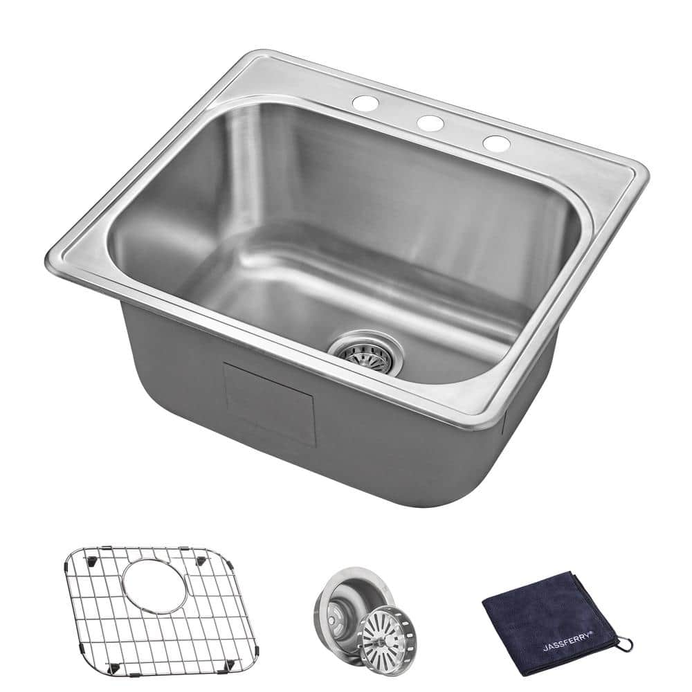 12 in. Depth 18-Gauge Stainless Steel 25 in. Single Bowl Drop-In Kitchen Sink with Bottom Grid - Hercitys