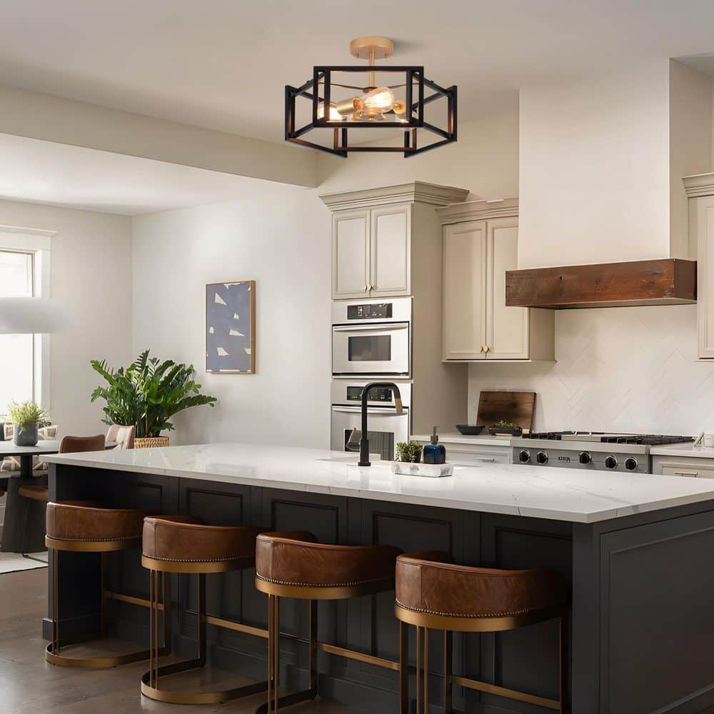 18.11 in. 3 Light Black and Gold Modern Farmhouse Hexagon Semi-Flush Mount Ceiling Light - Hercitys