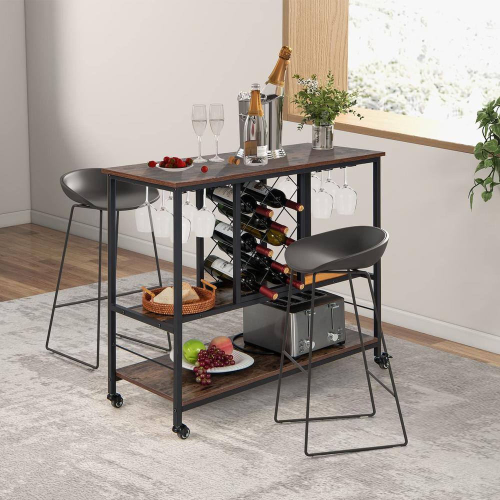 3-Tier Brown Rolling Kitchen Cart Wine Bar Cabinet with 8-Bottles Rack and 12-Glasses Hanger - Hercitys