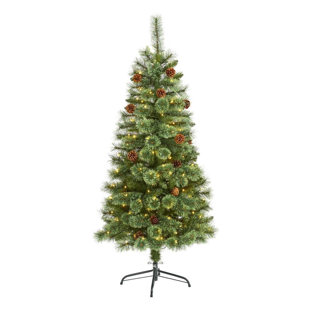 5 ft. Pre-Lit White Mountain Pine Artificial Christmas Tree with 200 Clear LED Lights and Pine Cones - Hercitys
