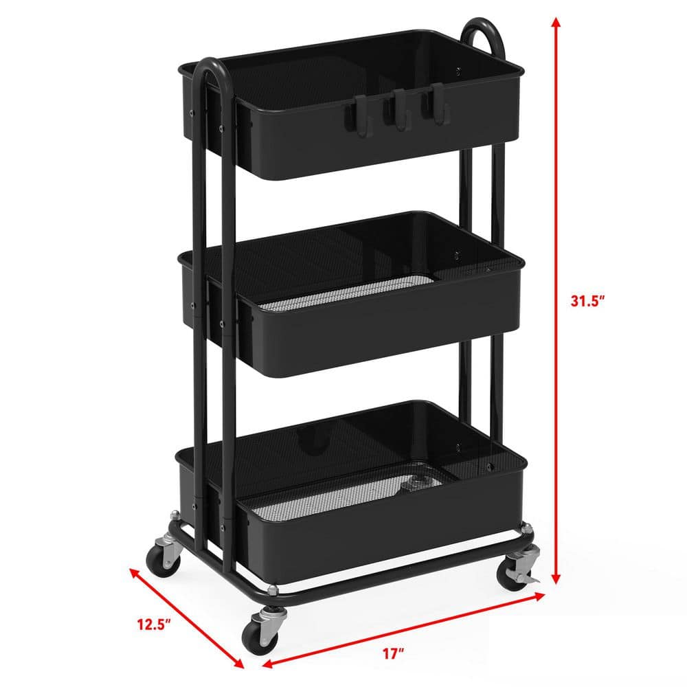 3-Tier Metal -Wheeled Utility Cart in Black - Hercitys