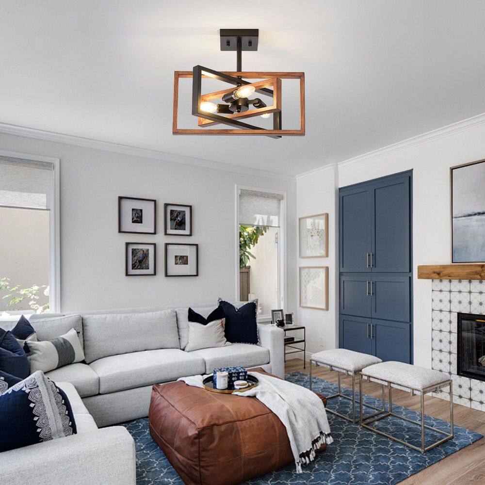 15.8 in.  3-Light Black and Imitation Wood Grain Farmhouse Rectangle Semi Flush Mount Ceiling Light Bulb Not Included - Hercitys