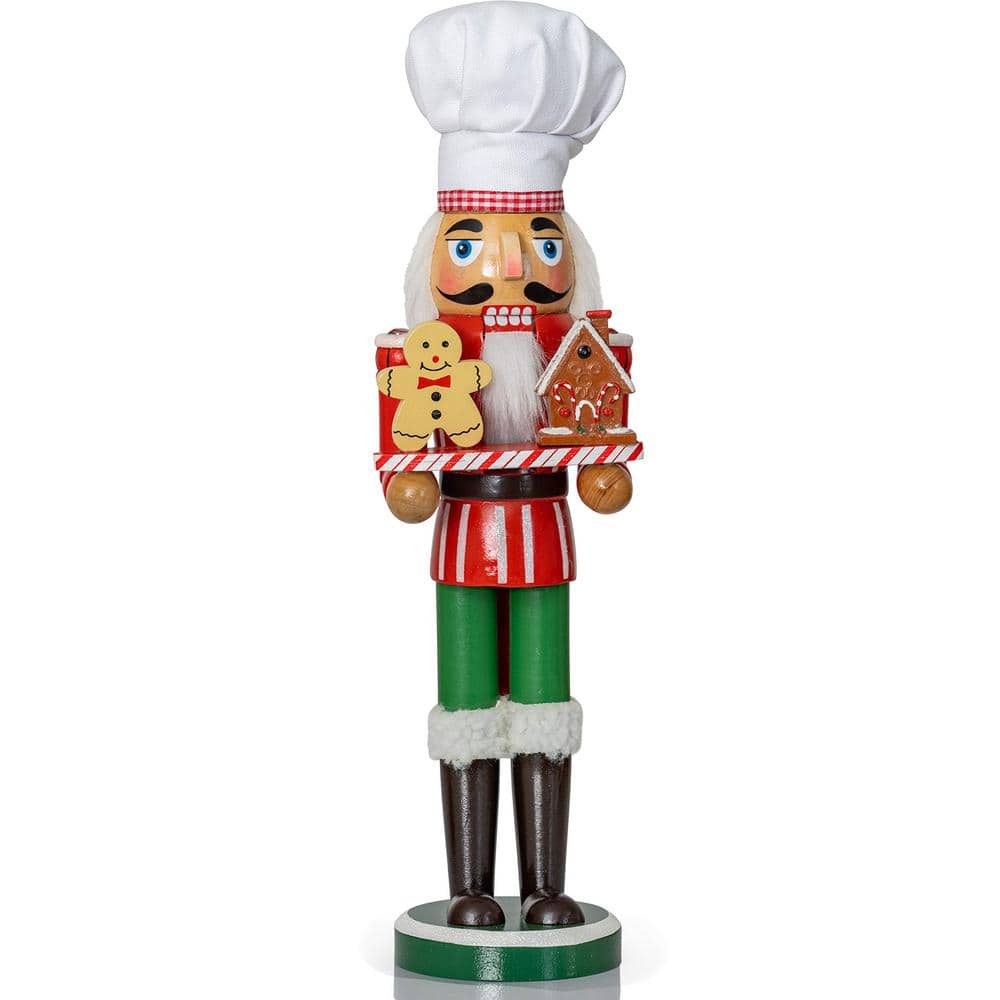 15 in. Wooden Christmas Chef Nutcracker Figure-Chef Hat Nutcracker with Gingerbread Man and House Holiday Decoration - Hercitys