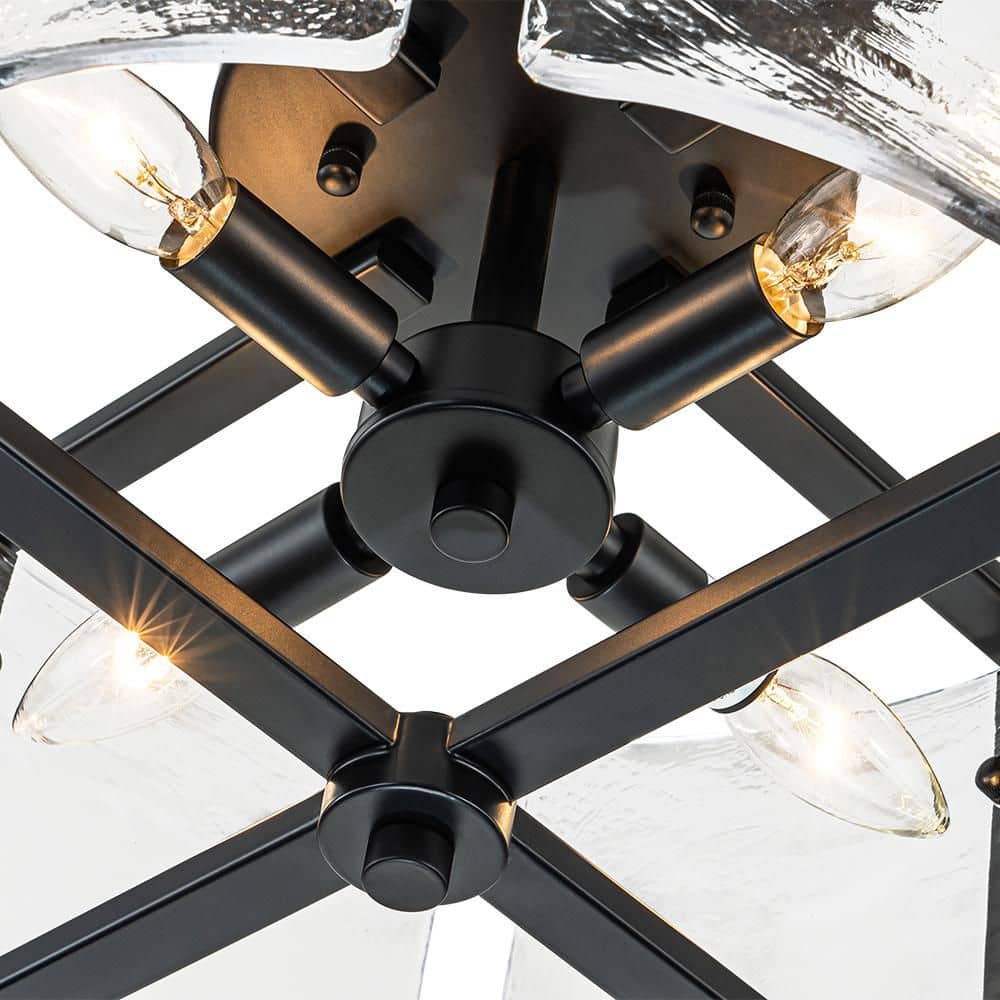 16.73 In. 4-Light Matte Black Modern Ceiling Light Semi-Flush Mount Fixture With Curved Textured Glass Shade - Hercitys