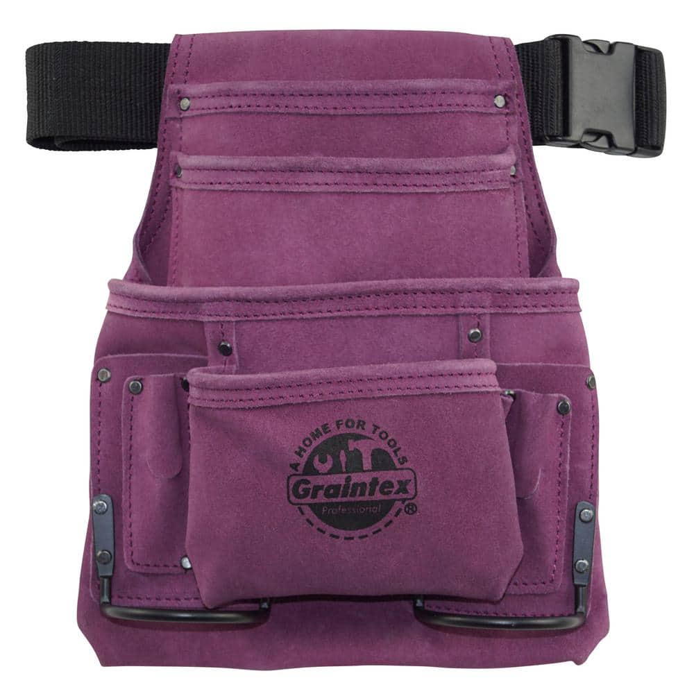 10-Pocket Suede Leather Nail and Tool Pouch with Belt in Purple - Hercitys