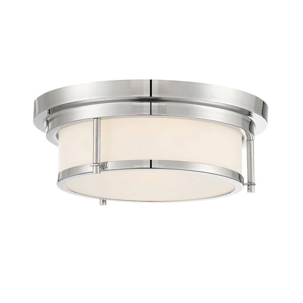 13 in. W x 4.5 in. H 2-Light Polished Nickel Flush Mount Light with White Glass Cylindrical Shade - Hercitys