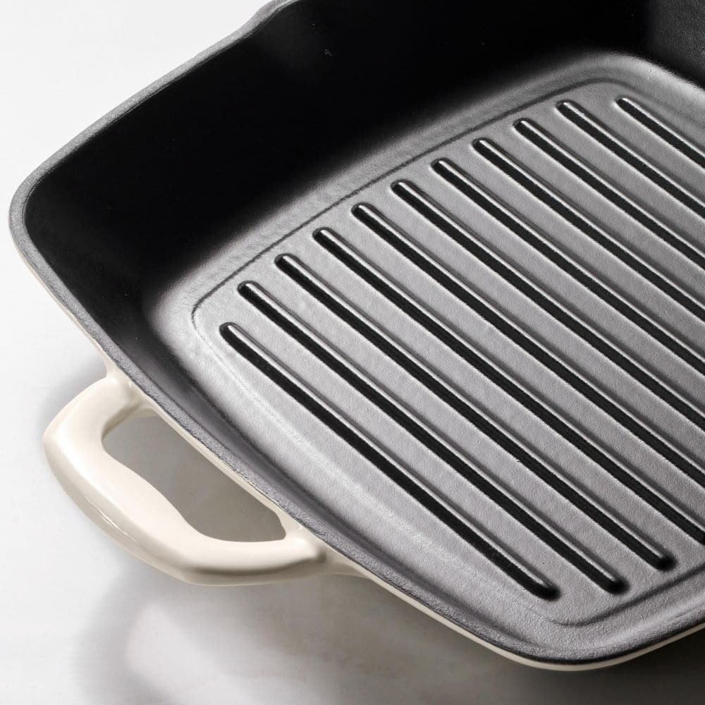11 in. Cast Iron Grill Pan With Lid-Latte with Gold Knob - Hercitys