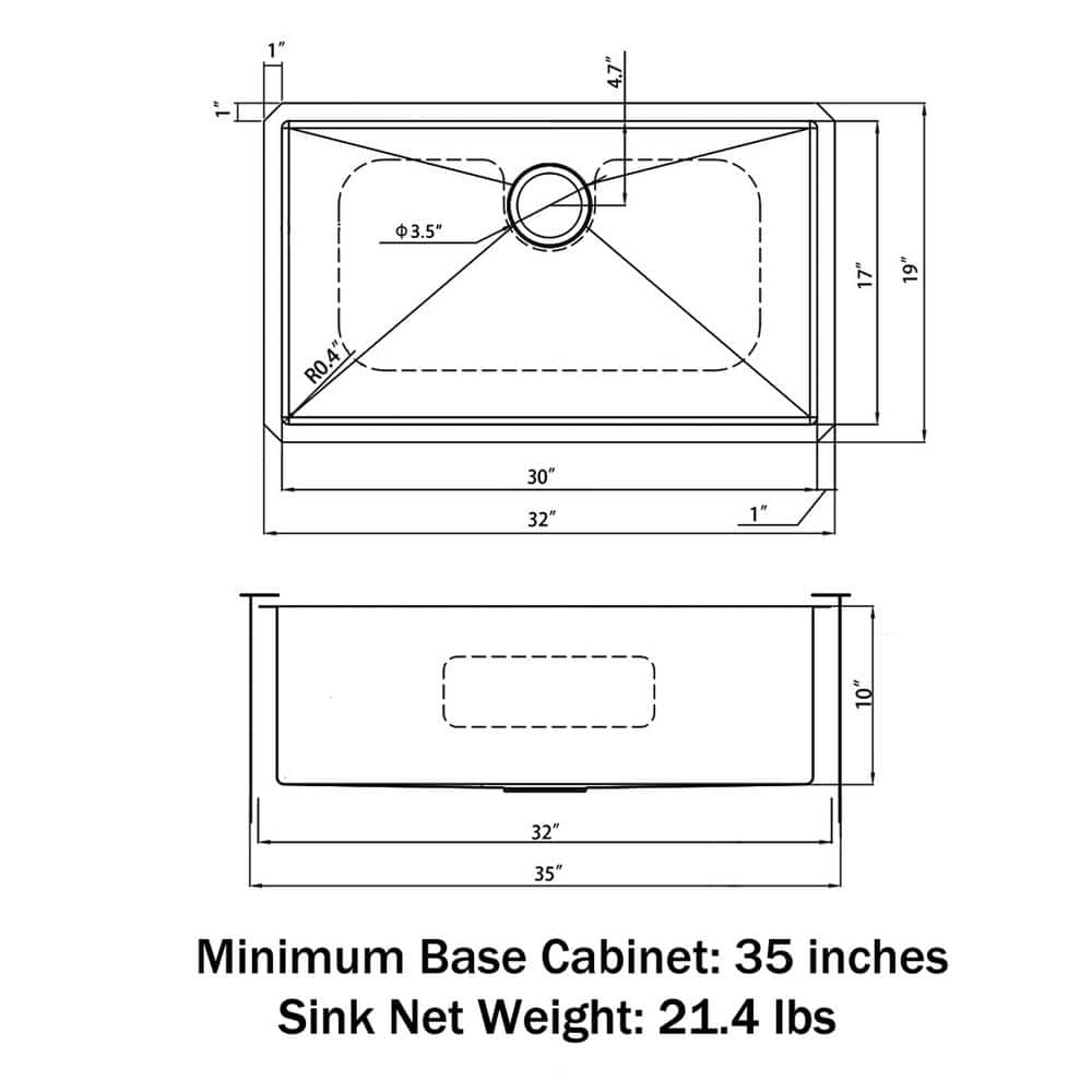 32 in. Undermount Single Bowl 18-Gauge 304 Stainless Steel Kitchen Sink - Hercitys