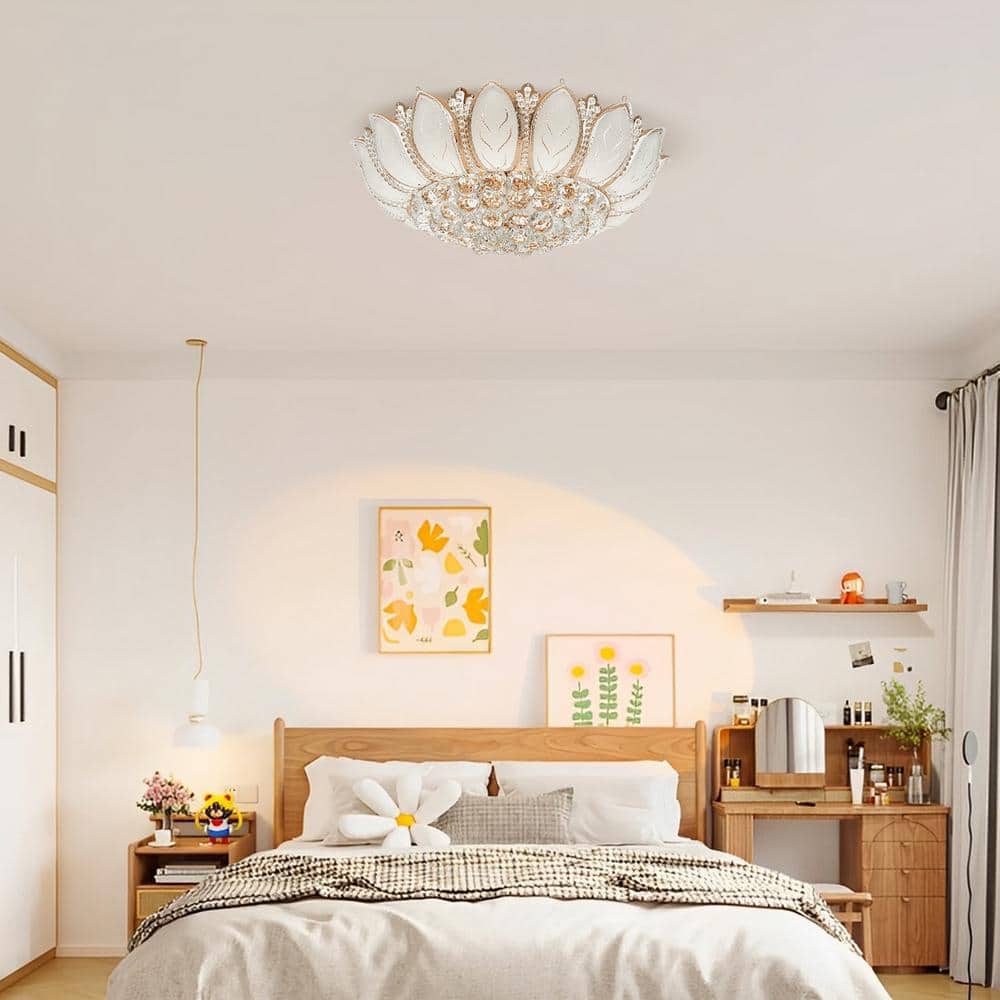 23.62 in. 7-Light Modern Gold Lotus Flower Shape Crystal Flush Mount Ceiling Lamp and No Bulbs Included - Hercitys