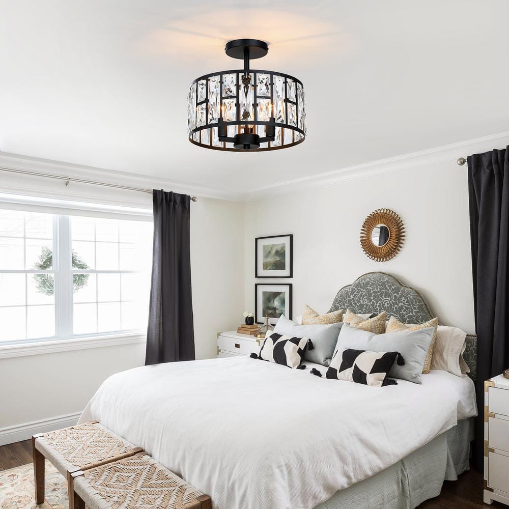 12 in. 3-Light Round Modern Black Drum Semi Flush Mount Ceiling Light with Clear Crystal Glass - Hercitys