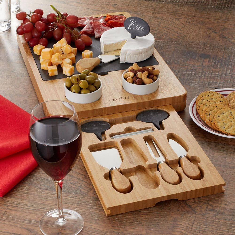 15.25 in. Traditional Natural Brown Bamboo Cheese Board Charcuterie Gift Set with Cheese Knives and Dip Bowls - Hercitys