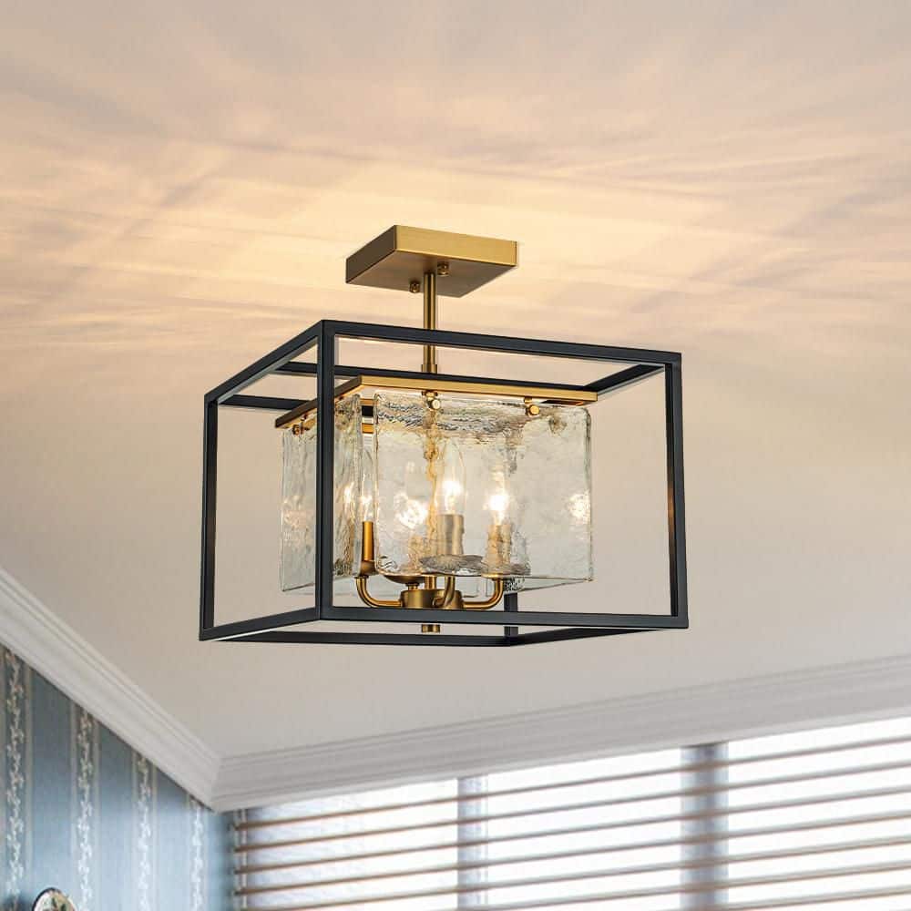 13.98 in. 4-Light Matte Black Industrial Semi-Flush Mount Ceiling Light Fixture With Hazy Textured Glass Shade - Hercitys