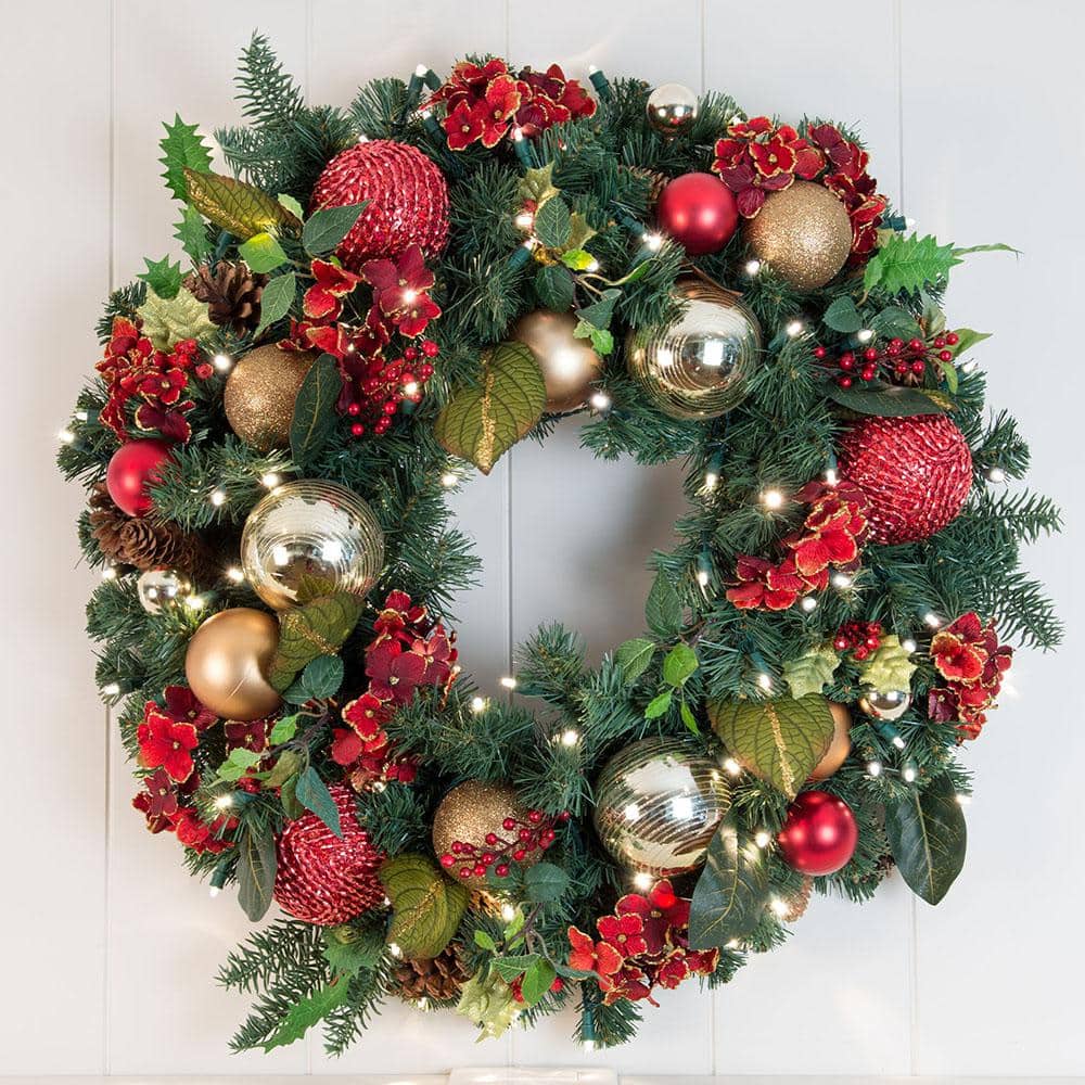 30 in. Artificial Pre-Lit LED Scarlet Hydrangea Wreath - Hercitys