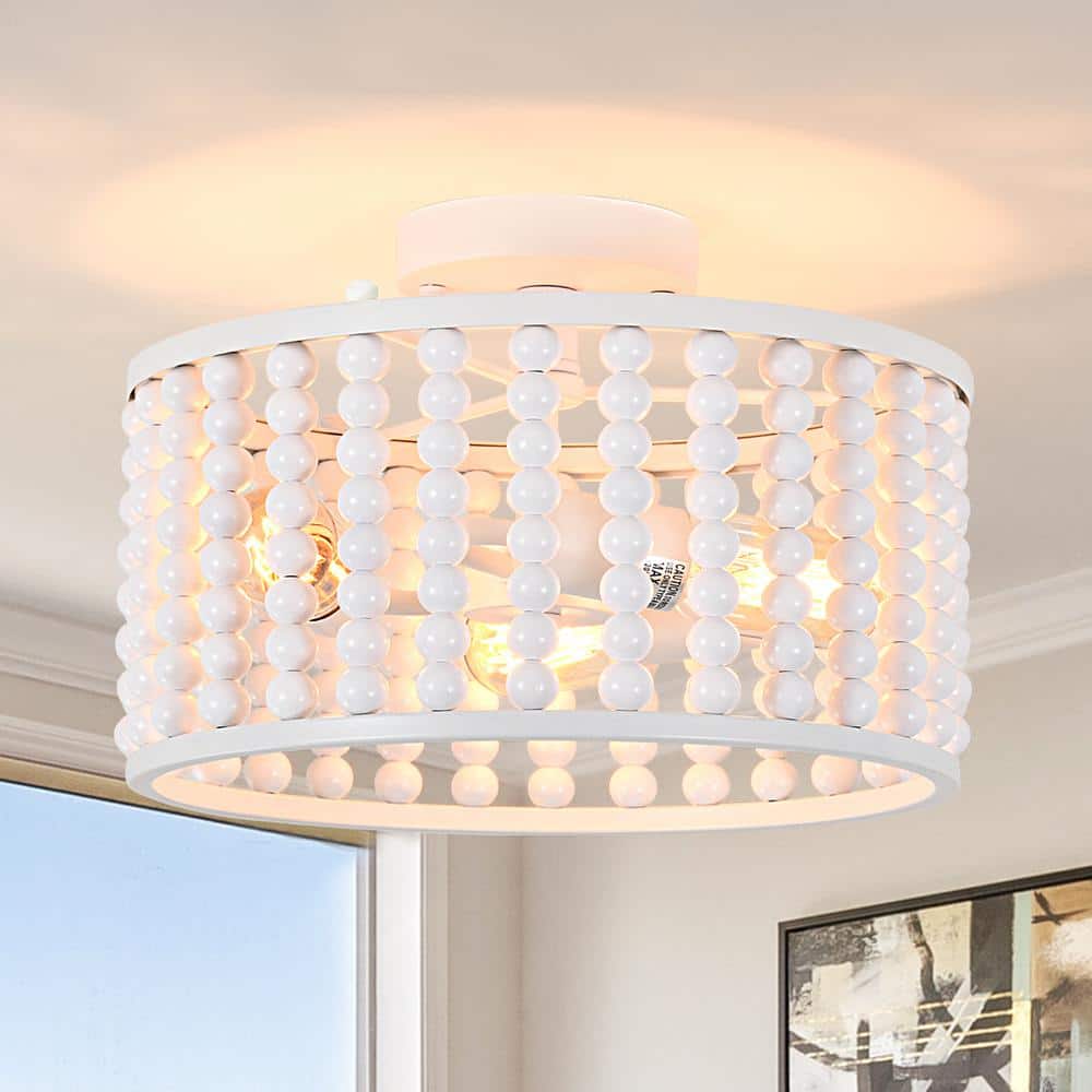 12.8 in. 3-Light White Semi Flush Mount Round Ceiling Light Fixture with Wood Bead and No Bulbs Included - Hercitys