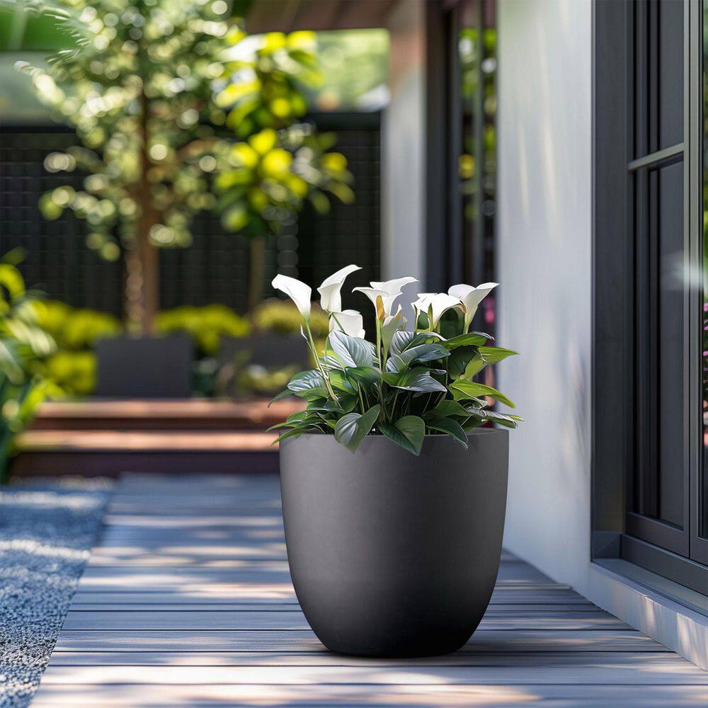 18 in. Large Charcoal Black Concrete Round Planter / Pot with Drainage Holes - Hercitys