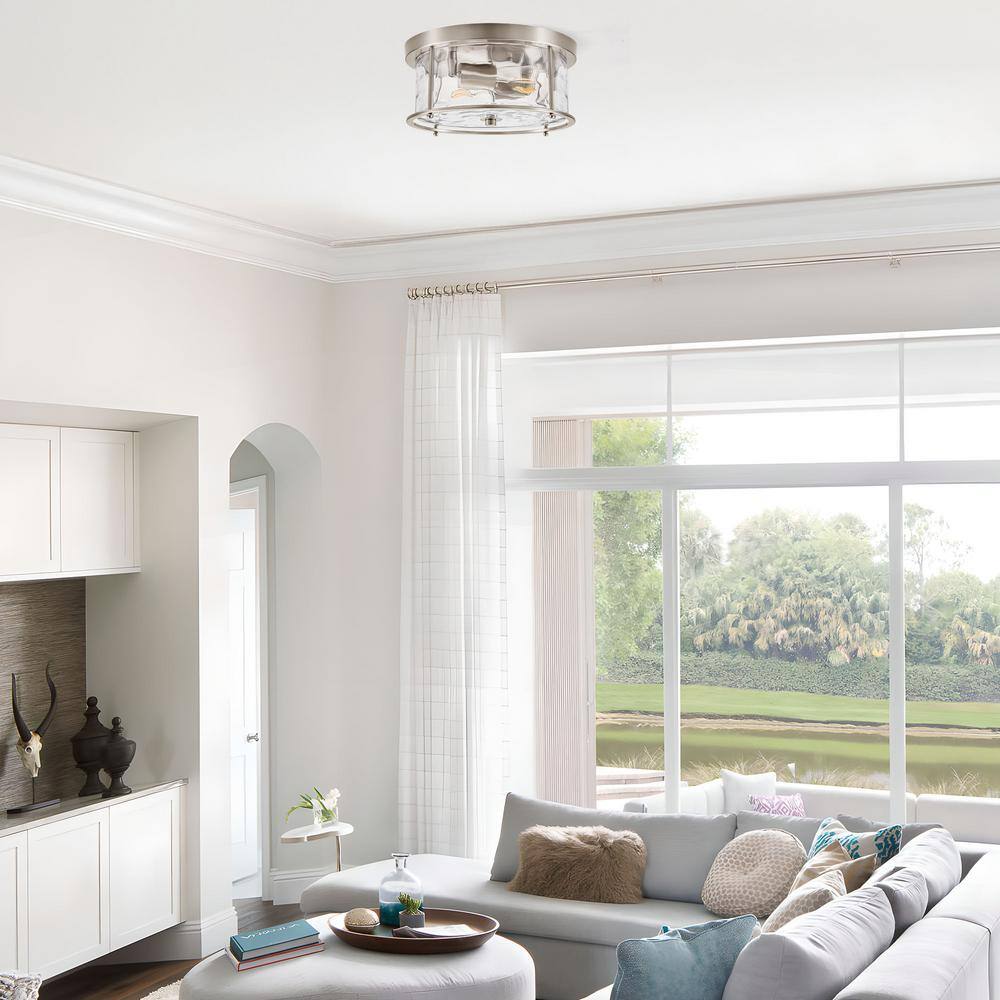 12.5 in. 2-Light Nickel Flush Mount Water Ripple Glass Ceiling Light with Metal Frame - Hercitys