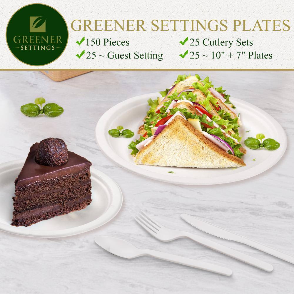 10/7 in. White Compostable Disposable Paper Plate Set Plus Cutlery [25 Guest Service] - Hercitys