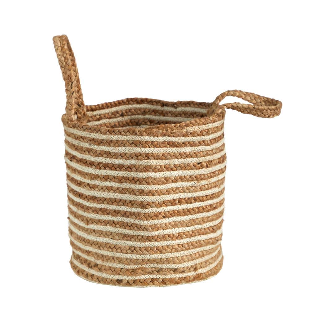 14 in. Beige Jute and Striped Natural Cotton Boho Chic Basket Planter Handwoven with Handles - Hercitys