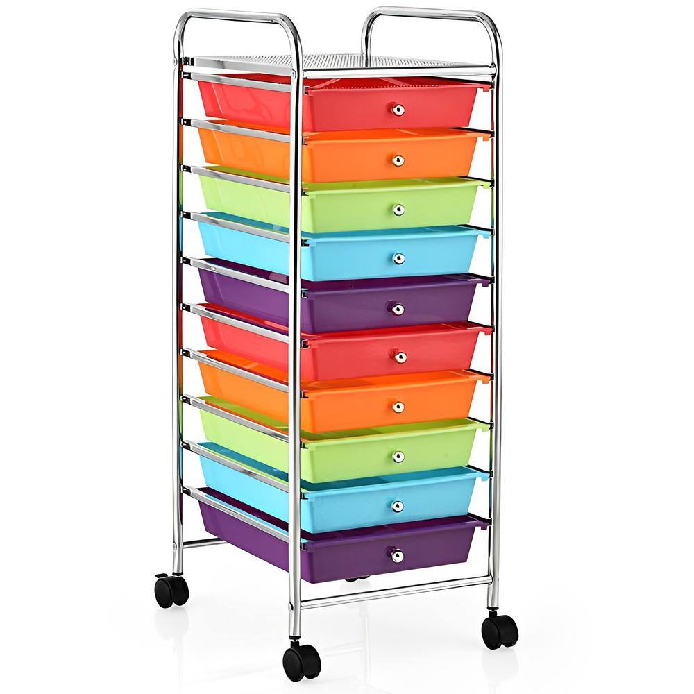 10-Tier Multicolor Rolling Storage Cart Organizer Steel Kitchen Cart with Plastic Drawers - Hercitys