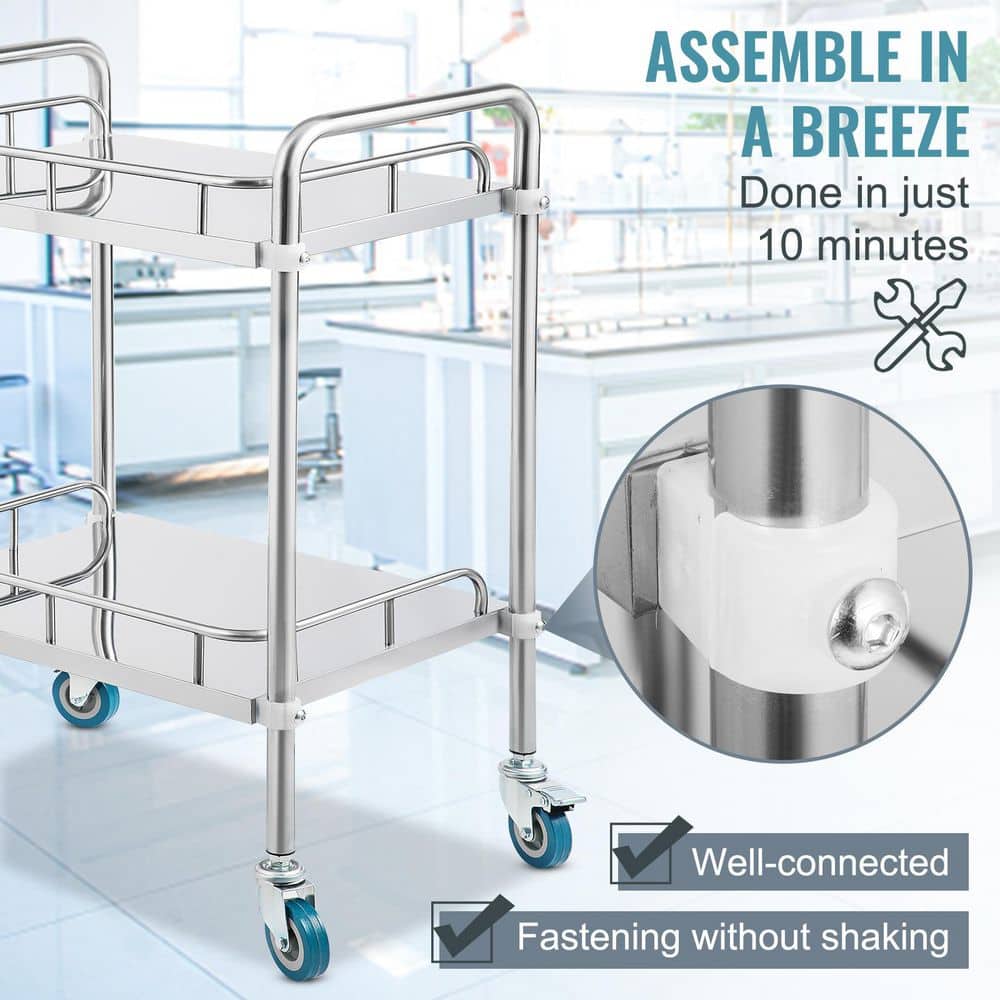 15.16 x 21.57 x 34.06 in. Lab Rolling Cart, 2-Shelf Stainless Steel Rolling Cart, Lab Serving Kitchen Cart - Hercitys