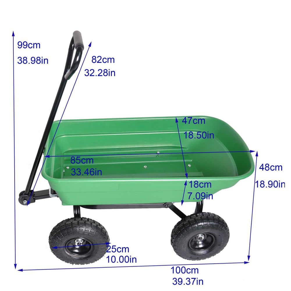1.94 cu. ft. Heavy Plastic Garden Cart Folding Car Dump Truck in Green w/Steel Frame Pneumatic Tire, 300 lbs. Capacity - Hercitys