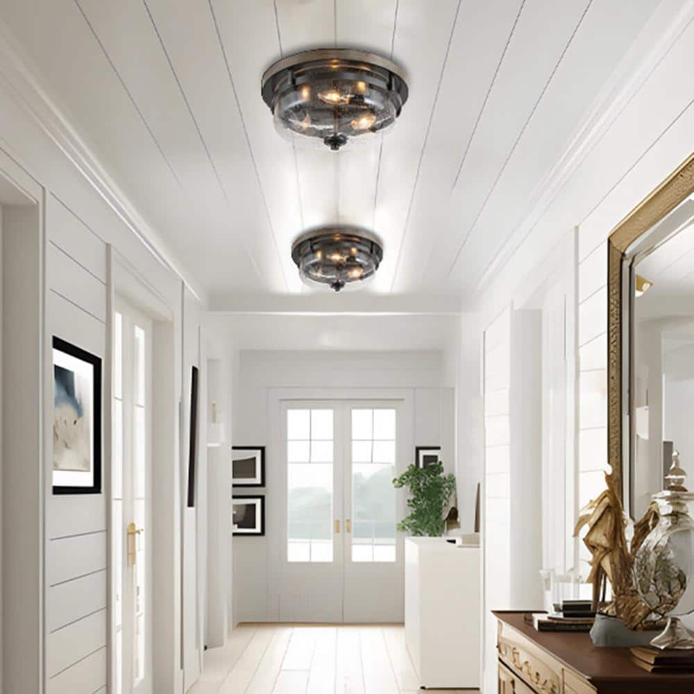 13.5 in. 3-Light Rough Black/Dark Gray Drum Semi-Flush Mount with Faux Wood Textured Plate & Clear Seeded Glass Shade - Hercitys