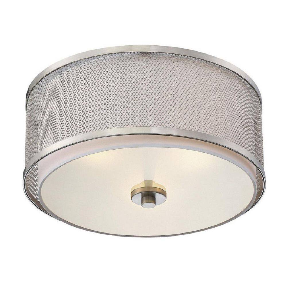 14.75 in. W x 6.25 in. H 3-Light Brushed Nickel Flush Mount Ceiling Light with White Fabric Shade and Metal Mesh Frame - Hercitys