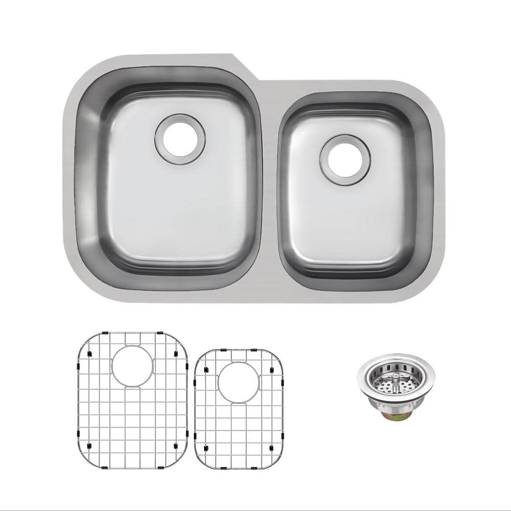 31.5 in. Undermount 60/40 Double Bowl 18-Gauge Stainless Steel Kitchen Sink with Bottom Grids - Hercitys