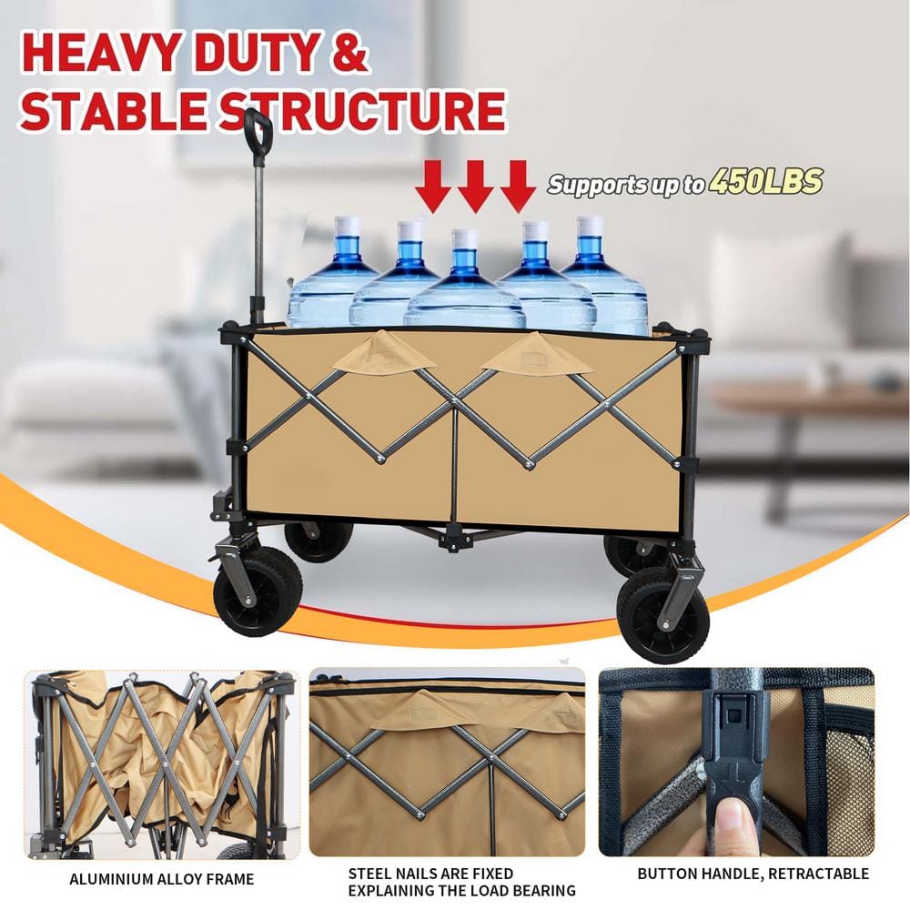 3.5 cu. ft. Steel Garden Cart, Collapsible Folding Wagon, Push Pull Foldable Beach Wagon Cart in Grayish Brown - Hercitys