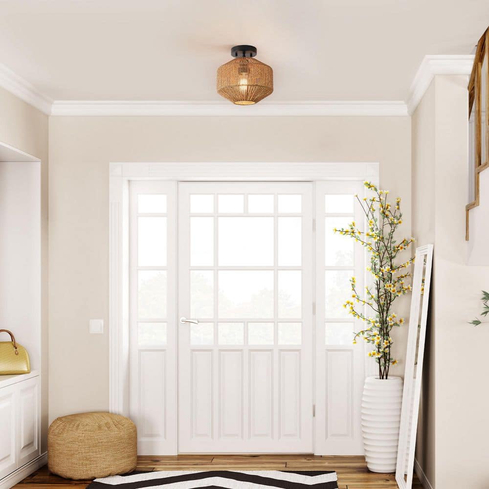 10.25 in. 1-Light Matte Black Semi-Flush Mount Ceiling Light with Paper Twine Shade - Hercitys