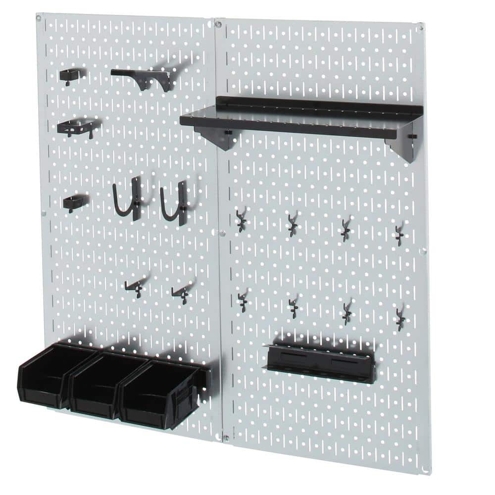 32 in. x 32 in. Shiny Metallic Galvanized Steel Pegboard Utility Tool Storage Kit with Black Accessories - Hercitys