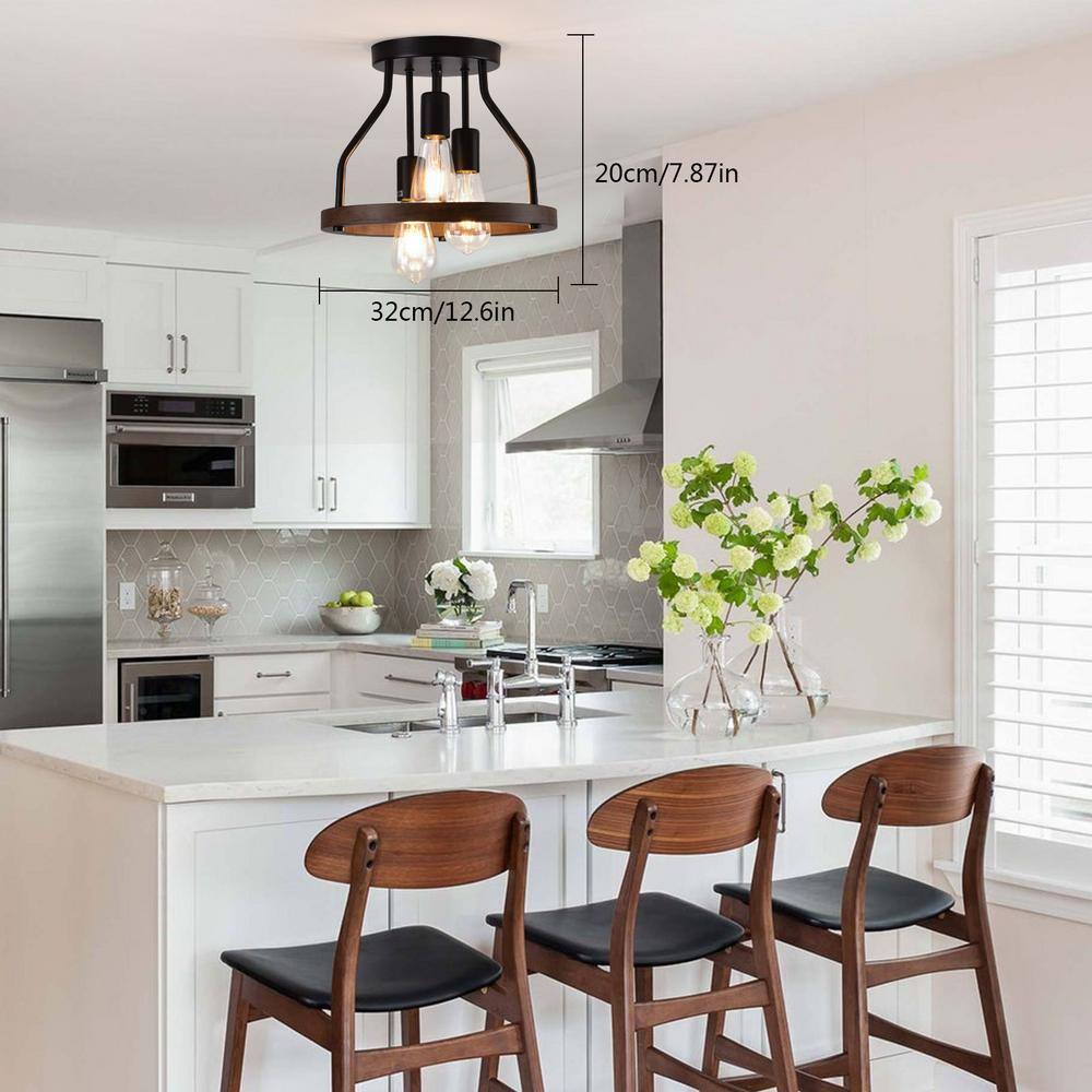 12.6 in. 3-Light Retro Farmhouse Simple Black Semi-Flush Mount Ceiling Light with Wooden Shade - Hercitys