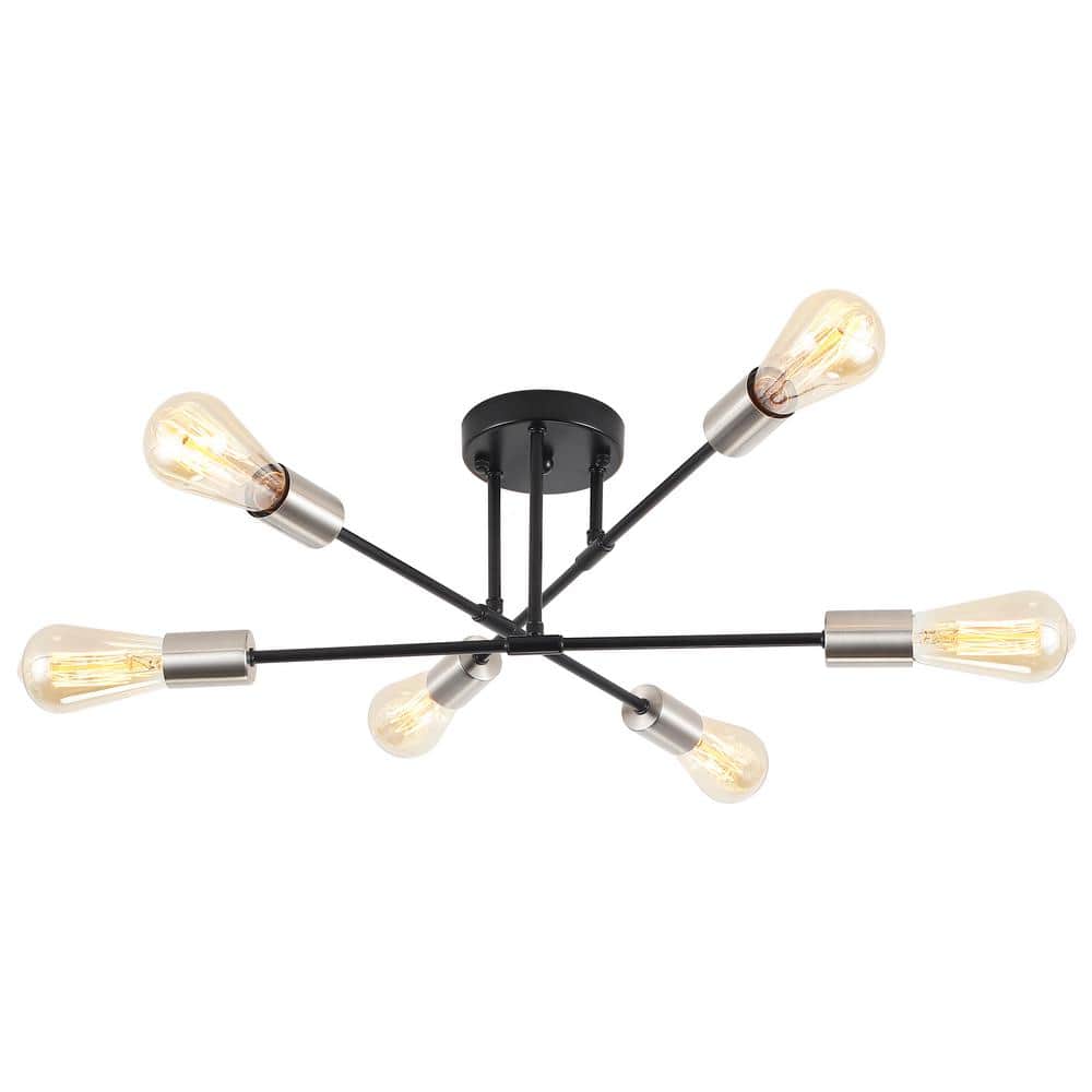 20.66 in. 6-Light Modern Black/Nickel Semi- Flush Mount for Bedroom Foyer with No Bulbs Included - Hercitys