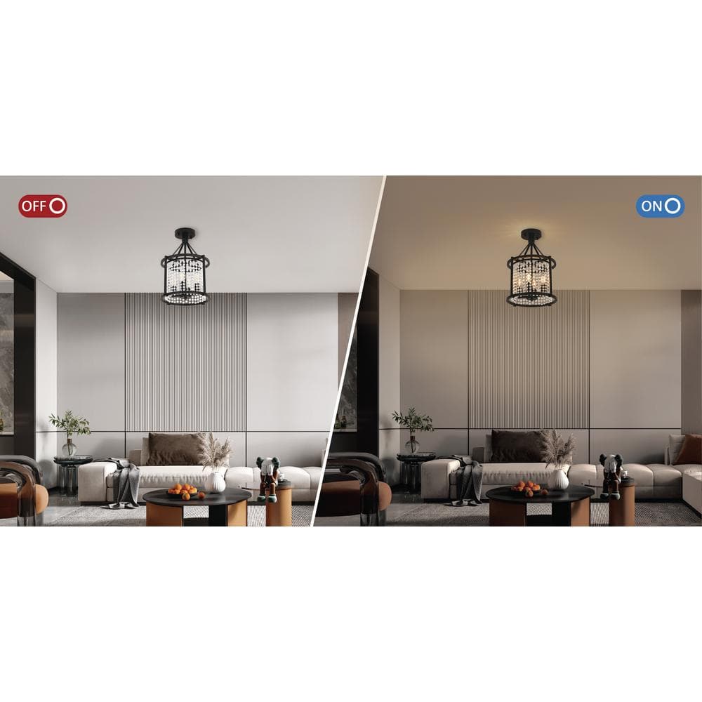 11.8 in. 4-Light Modern Black Lantern Semi-Flush Mount with Crystal Teardrop Pendant Shade - Hercitys