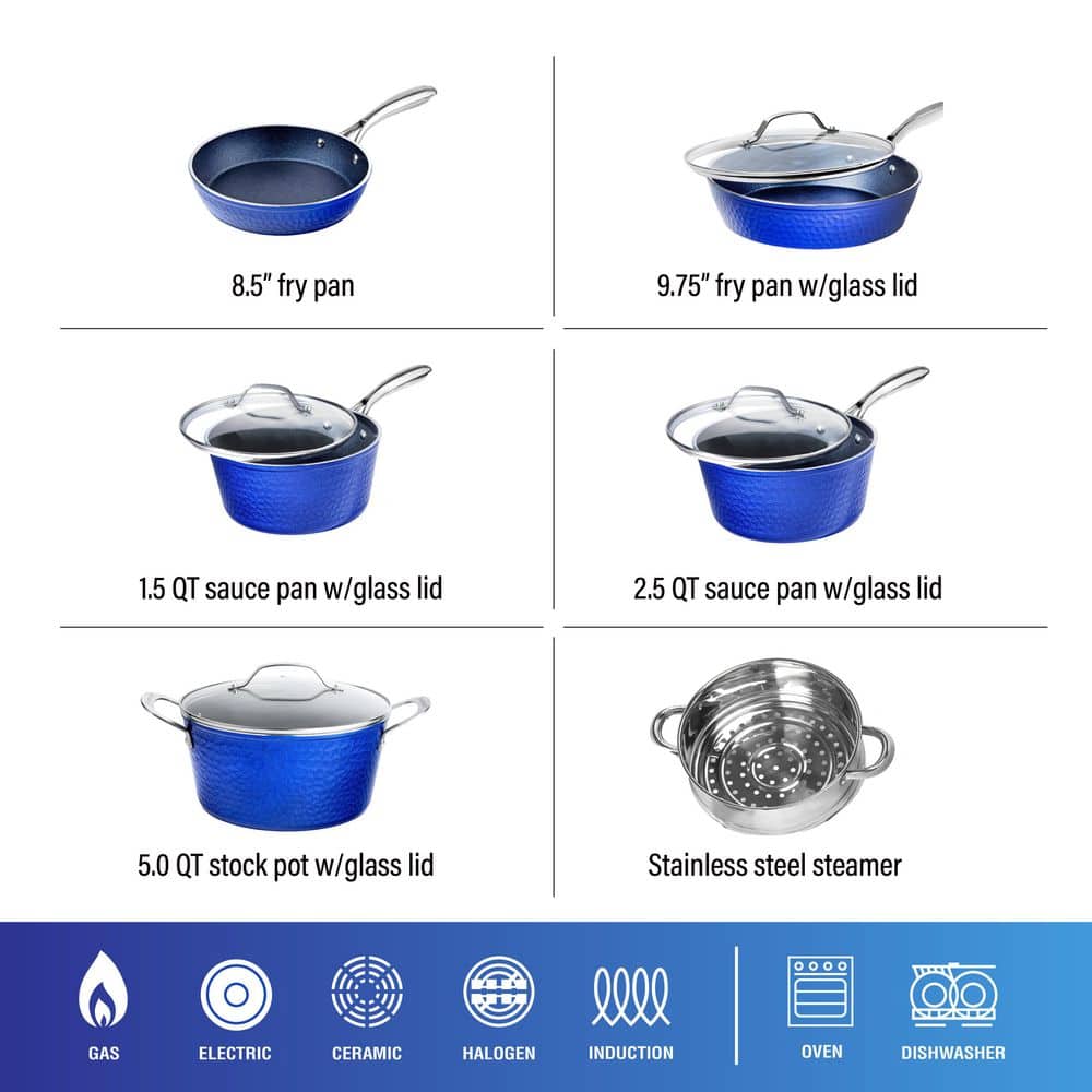 10-Piece Aluminum Hammered Ultra-Durable Non-Stick Diamond Infused Cookware Set in Classic Blue - Hercitys