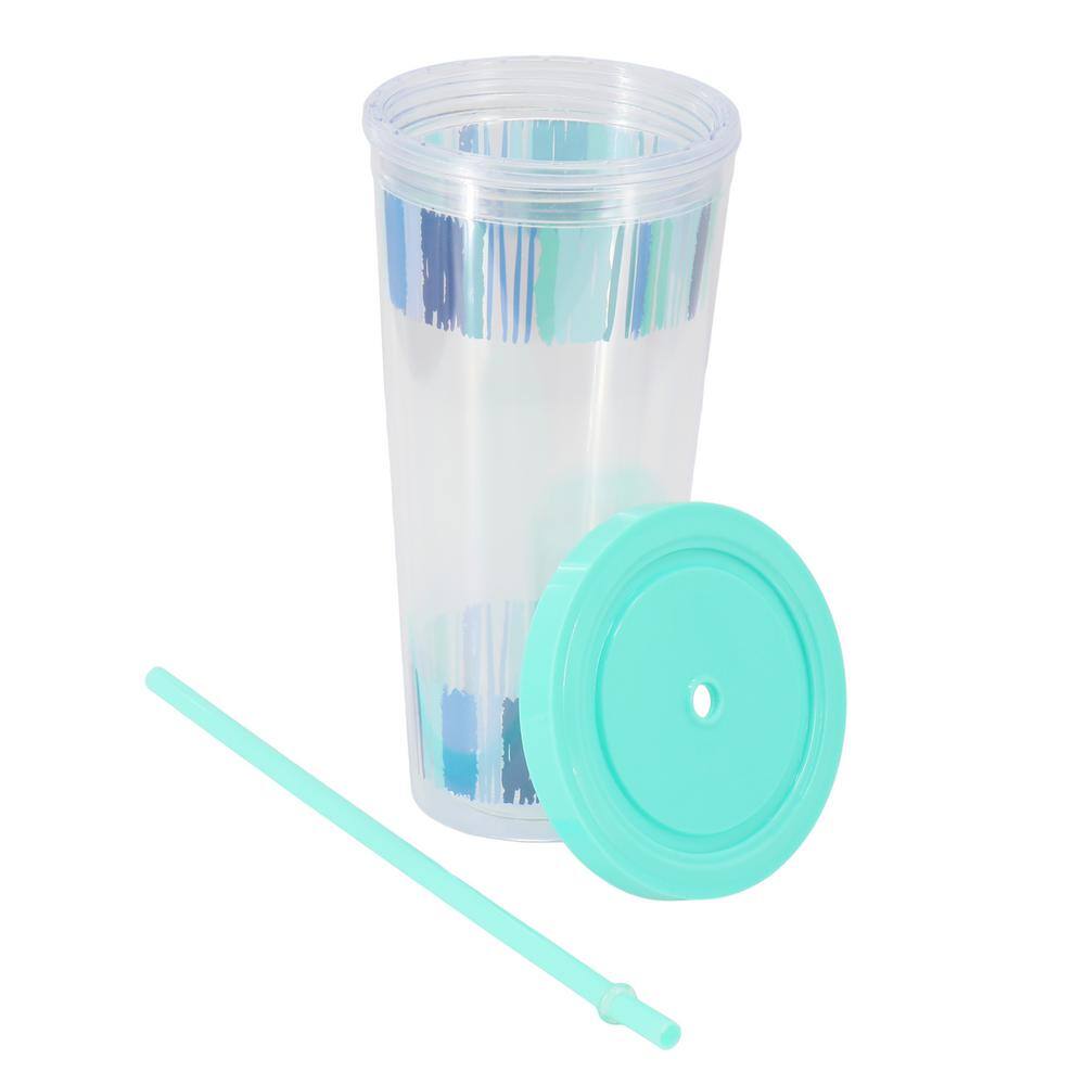 24 oz. Double Wall Blue Plastic Tumbler (Set of 6) with Lid and Straw - Hercitys