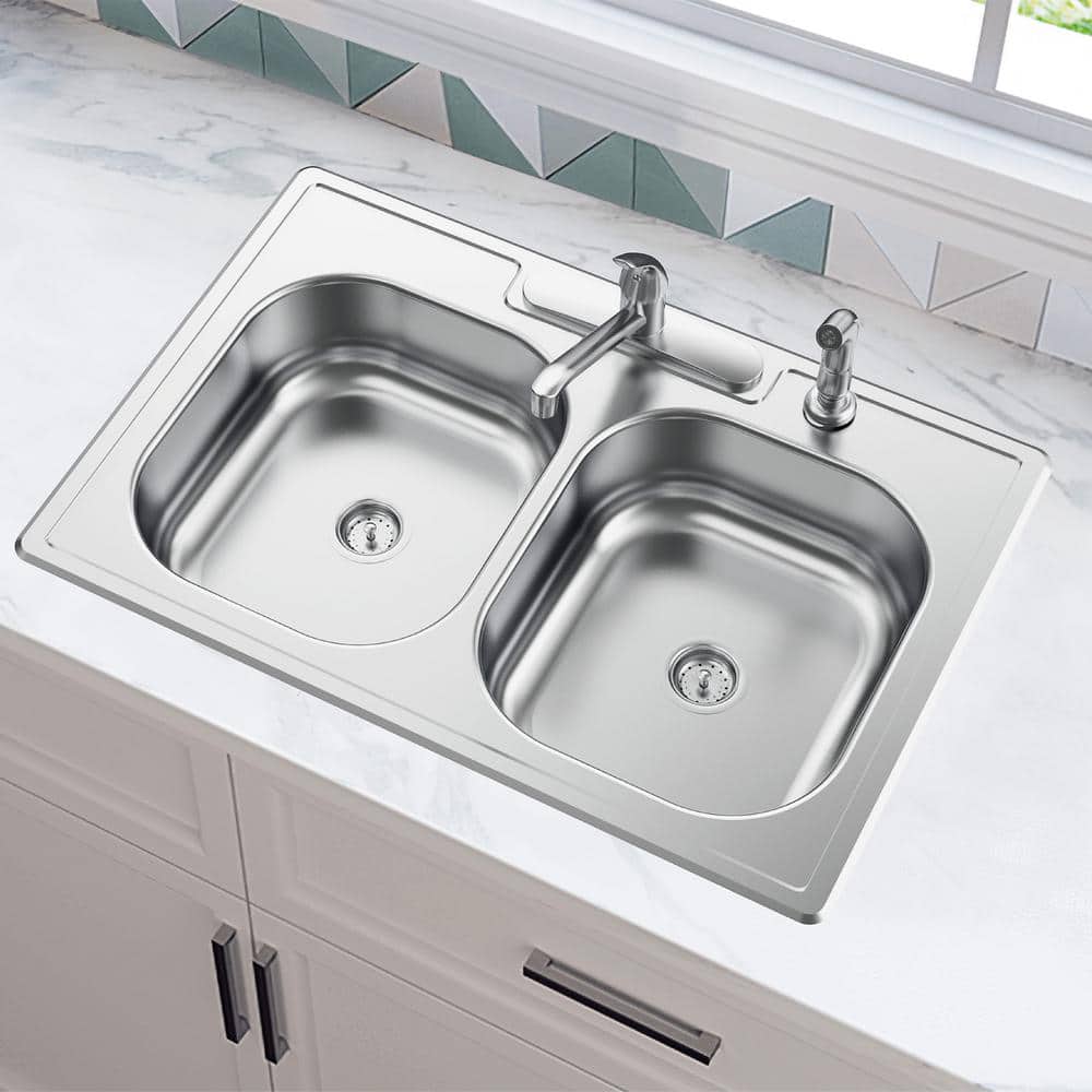33 in. Drop-In 50/50 Double Bowl 22 Gauge Stainless Steel Kitchen Sink - Hercitys