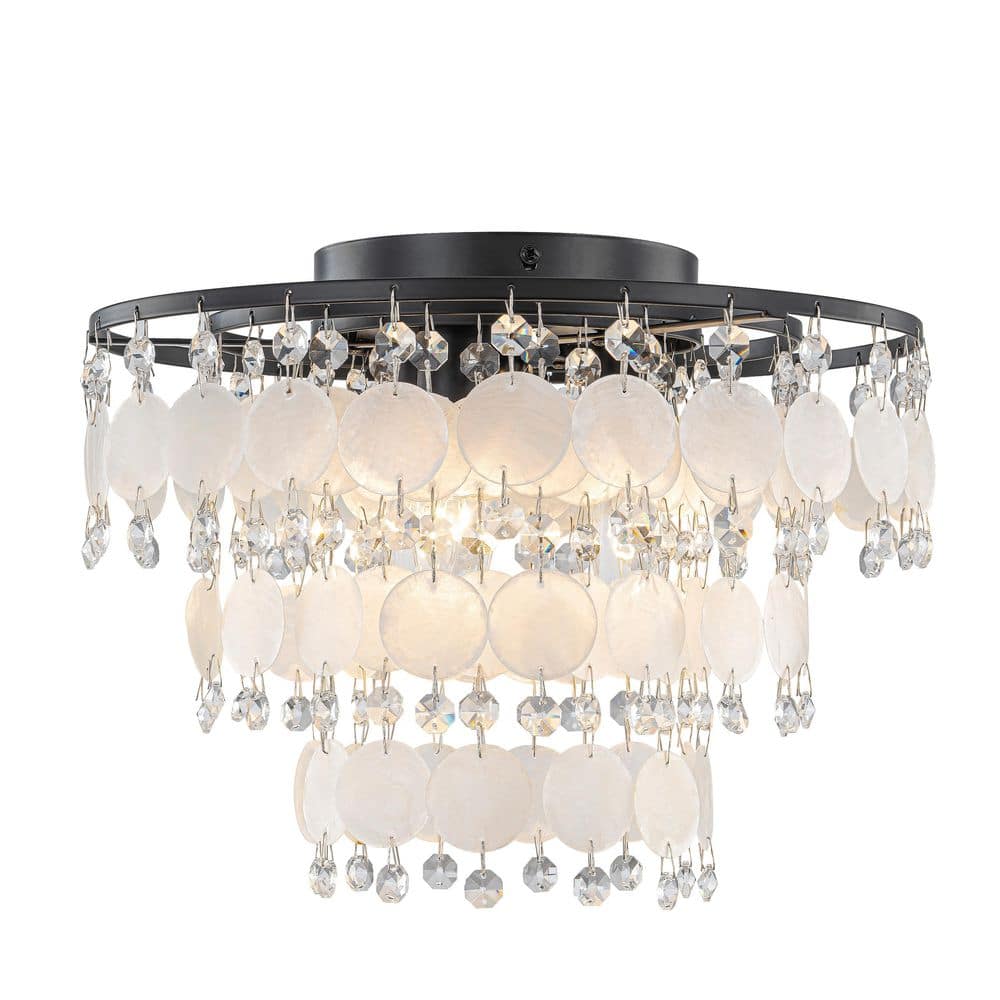 12.6 in. 3-Light Modern Black Semi-Flush Mount Ceiling Light with Crystal Shade - Hercitys