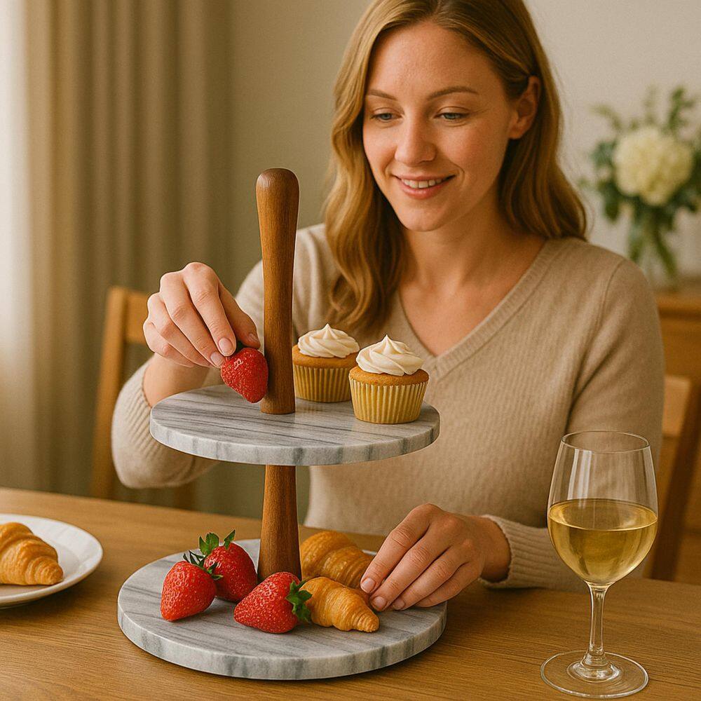 2-Tier Natural Marble and Acacia Wood Cake Dessert Stand, Fruit Plate, Pastry Server, Off-White - Hercitys