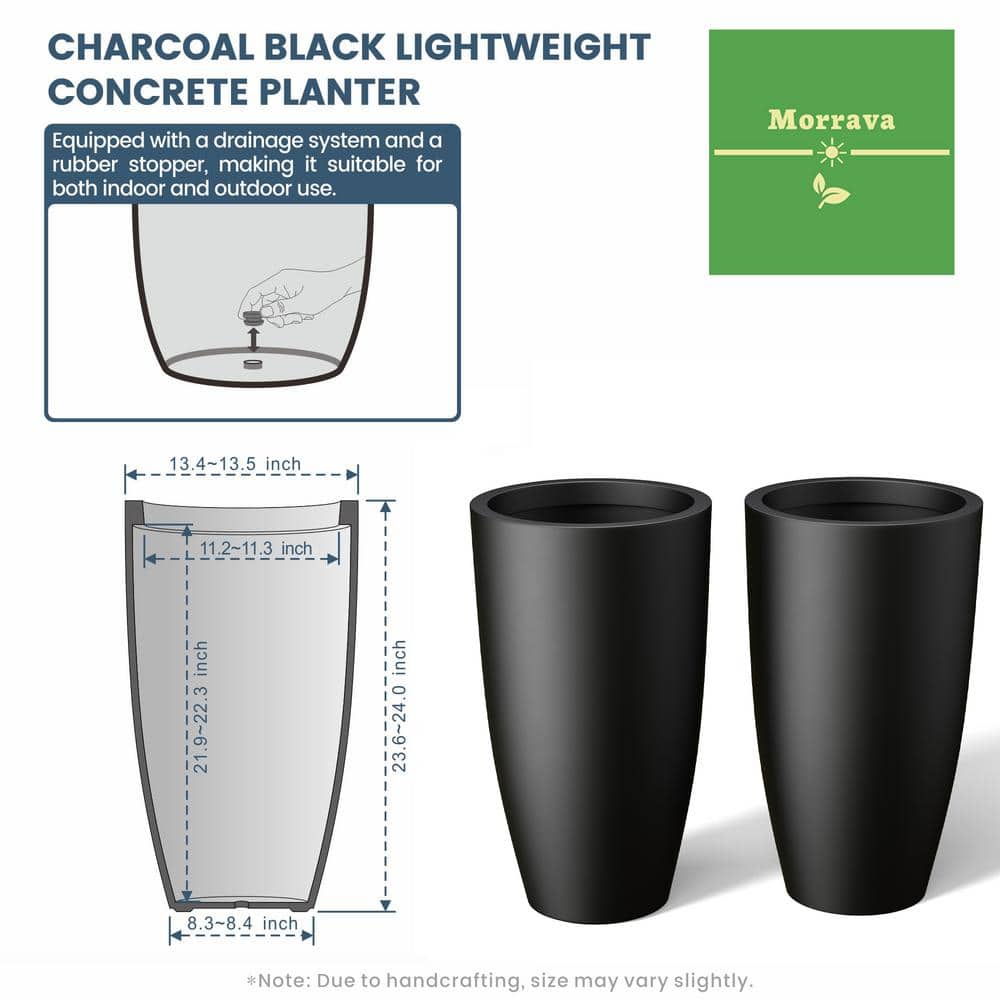 13.5 in. Large Charcoal Black Concrete Round Planter / Pot with Drainage Holes (Set of 2) - Hercitys