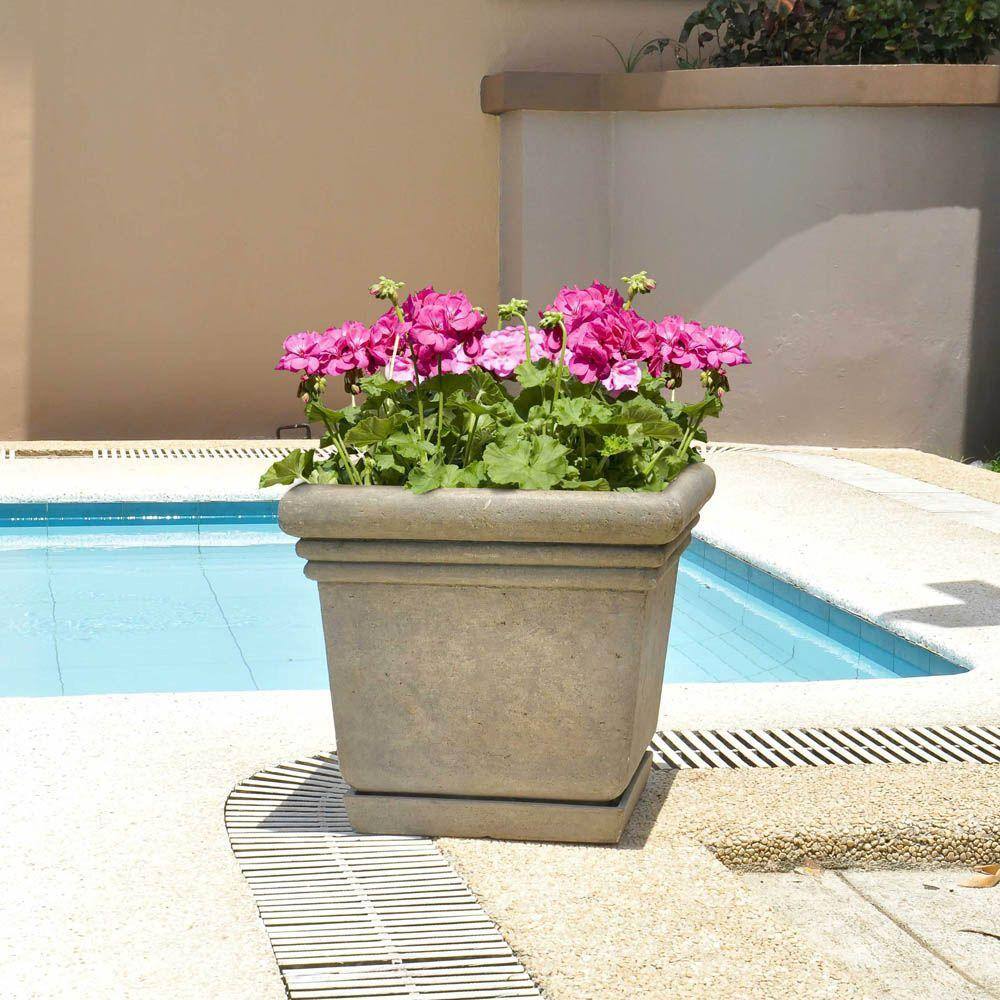 18-1/2 in. Square Cast Stone Fiberglass Planter with Attached Saucer in Aged Granite Finish - Hercitys