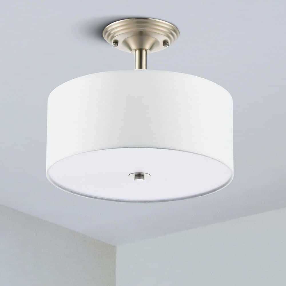 13 in. 2-Light Brushed Nickel Semi-Flush Mount Light with Fabric Drum Shade - Hercitys