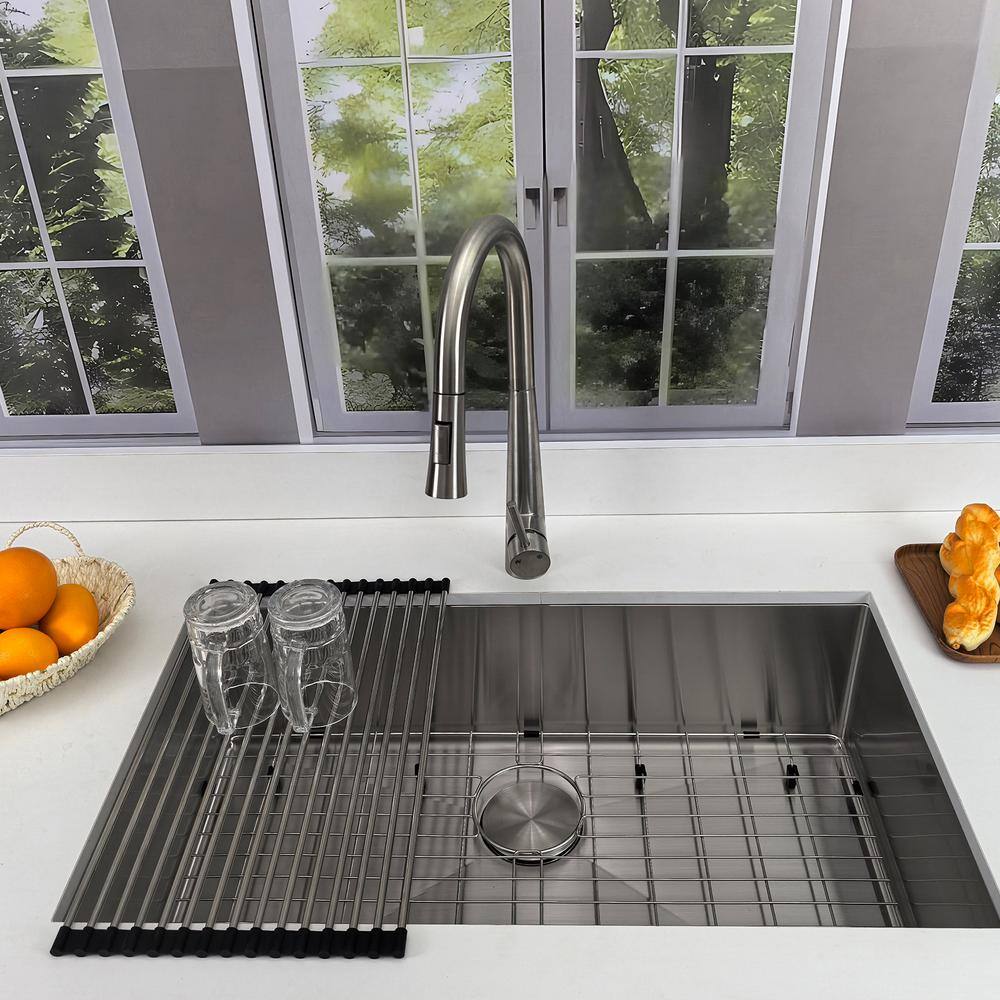 32 in. Undermount Kitchen Sink-16 Gauge Stainless Steel Single Bowl, Modern Design with Grid, Strainer and Drying Rack - Hercitys