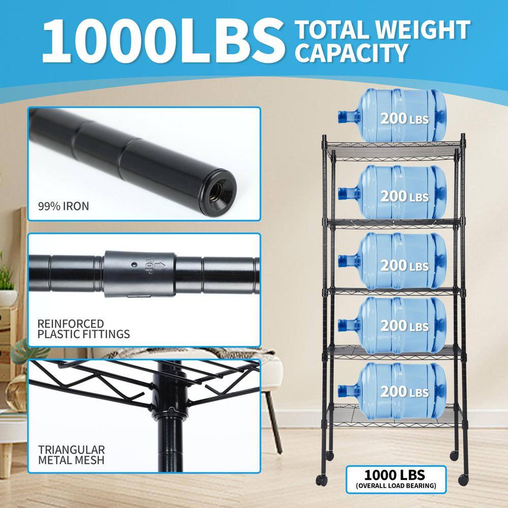 5-Tier Black Heavy Duty Metal Utility Shelves with Wheels & Leveling Feet (30 in. W x 65 in. H x 14 in. D) - Hercitys