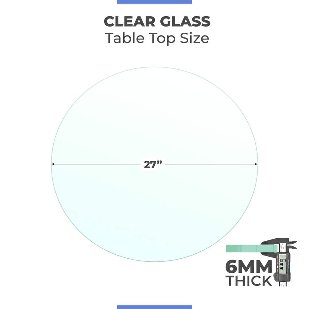 27 in. Clear Round Glass Table Top, 1/4 in. Thickness Tempered Flat Edge Polished - Hercitys
